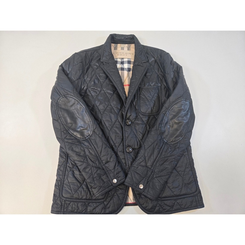 Burberry Brit Mens Black Quilted Jacket Leather Elbow Patches Nova Check Lined M